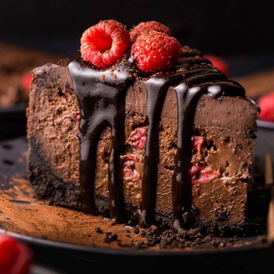 A slice of rich chocolate cheesecake with raspberry filling, drizzled with chocolate sauce and topped with fresh raspberries.